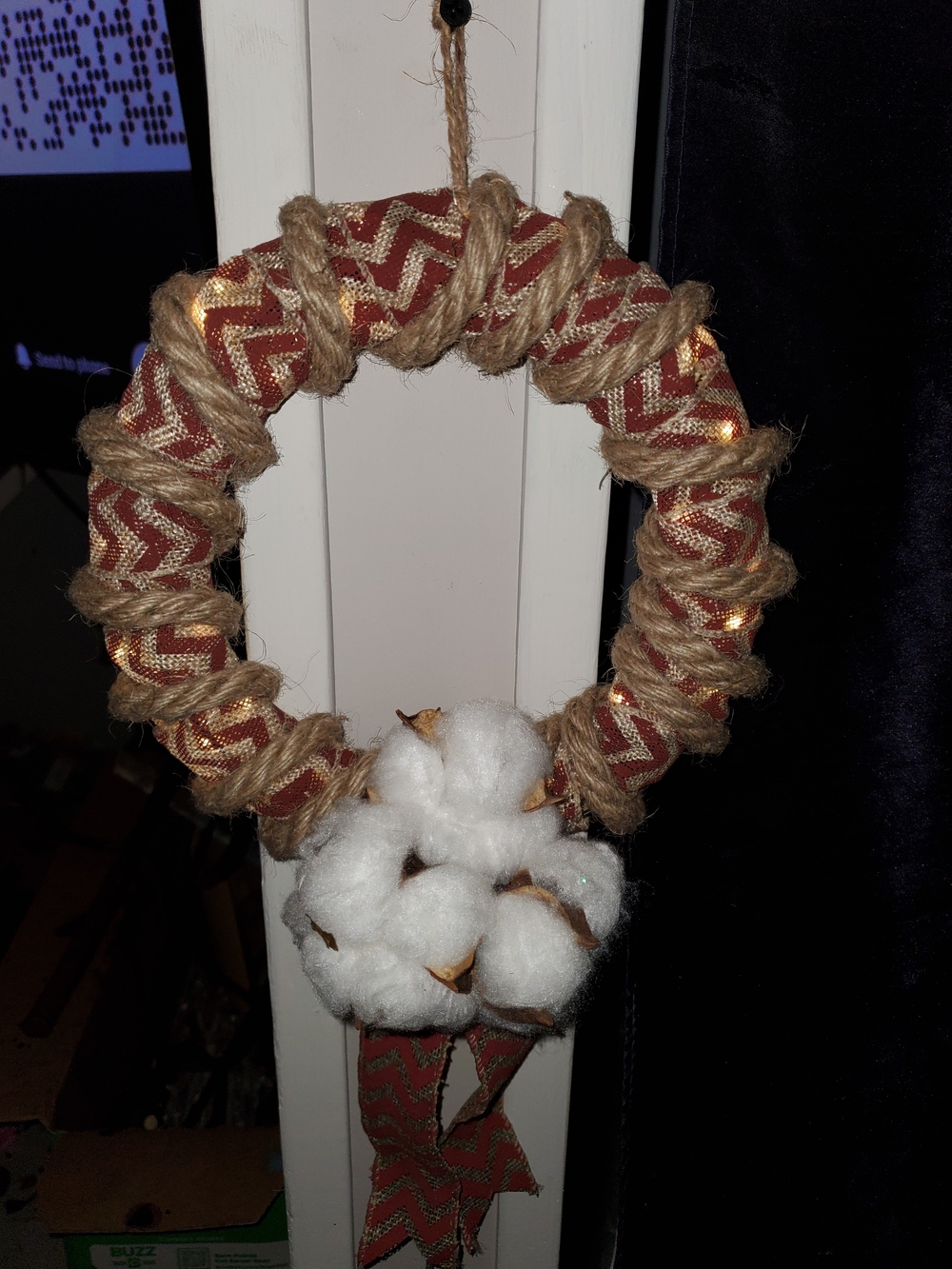 Handcrafted Rust Light Up Cotton & Burlap Holiday Wreath